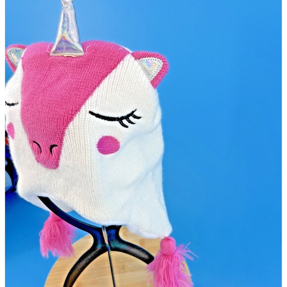 Unicorn Beanie One Size Fits All Pink & White - Picture 4 of 10